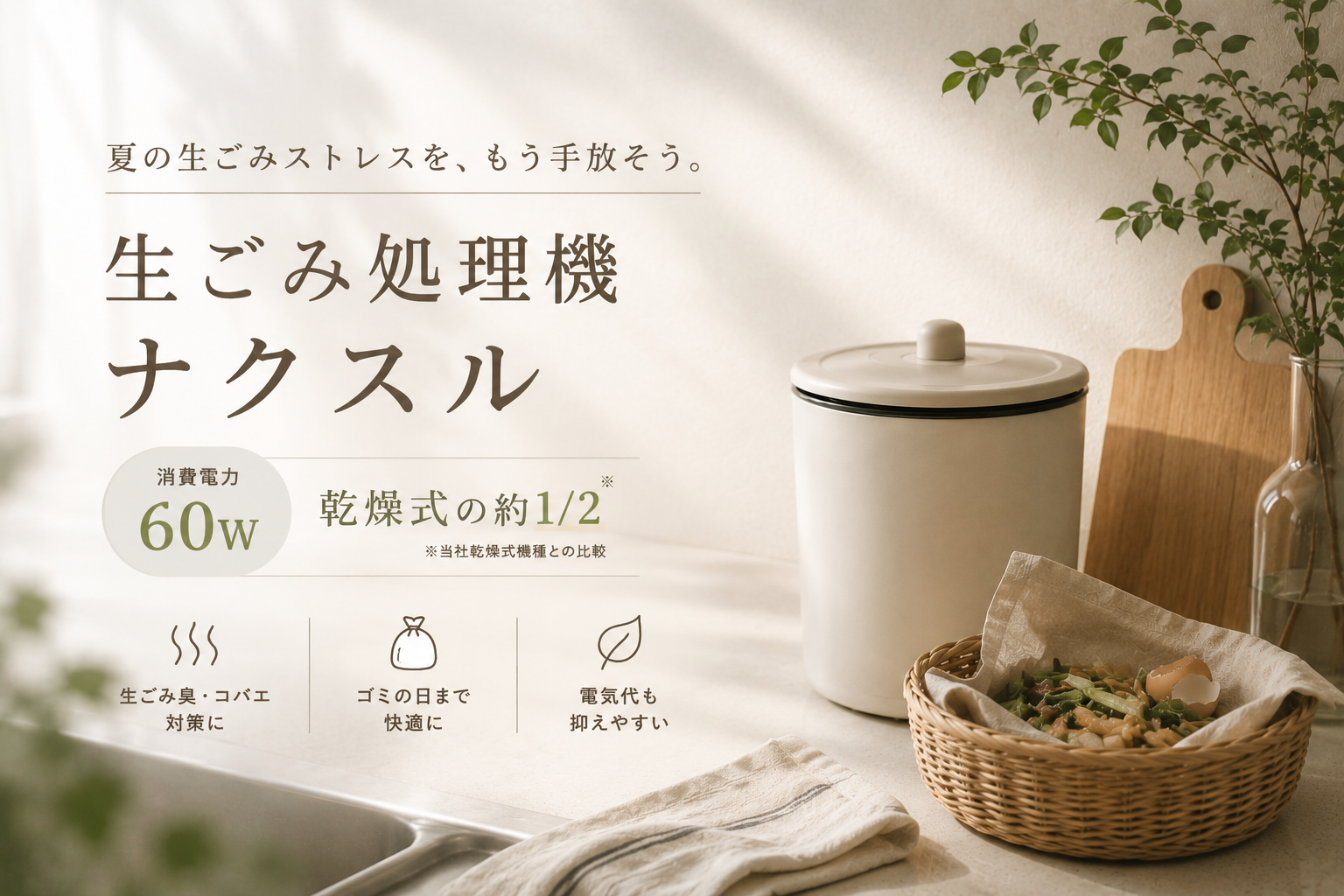ナクスルの口コミレビュー記事アイキャッチ。 夏の生ごみ臭やコバエ対策をイメージした、シンプルでナチュラルなデザイン。 「生ごみに悩む日々から、もう解放される。」というキャッチコピーとともに、電気代を抑えやすい60W設計や、入れっぱなしで使いやすい特徴を紹介している。