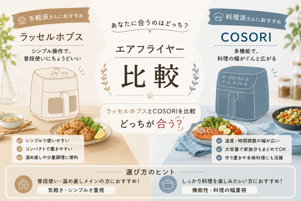 ラッセルホブスとCOSORIのノンフライヤーを比較したイメージ画像。手軽さ重視か料理重視かの違いをわかりやすく比較。