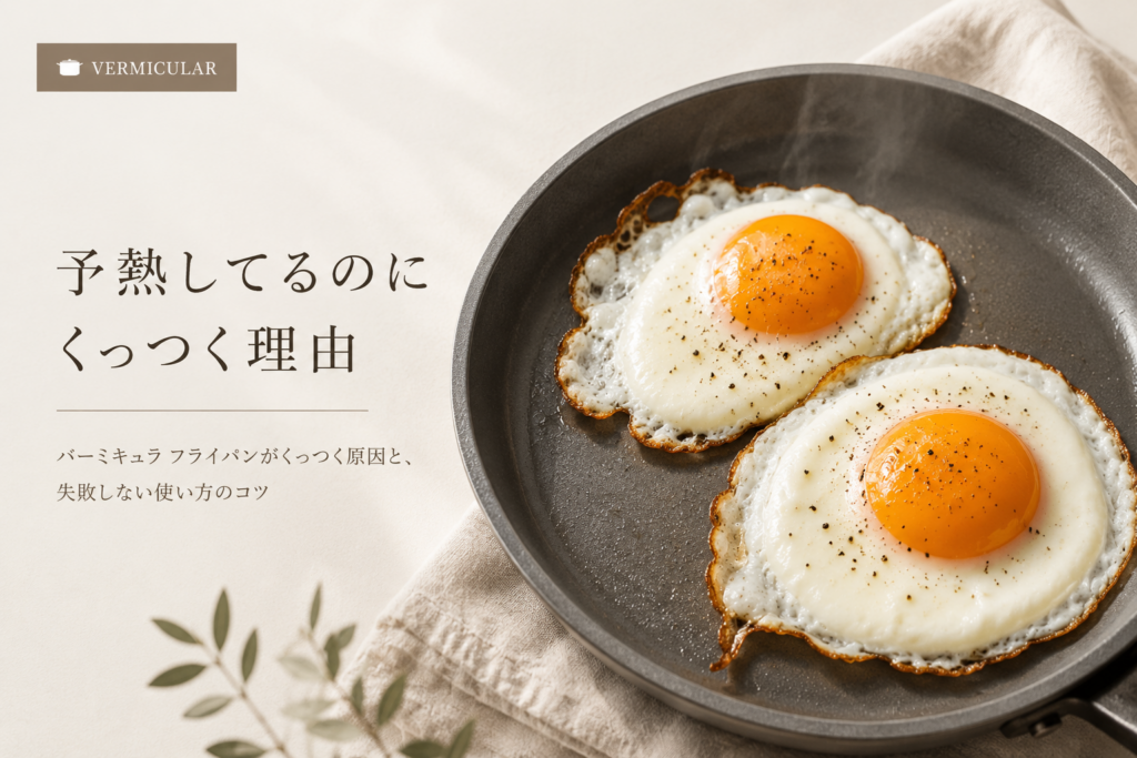 バーミキュラのフライパンで目玉焼きを焼いている様子。予熱しているのにくっつく原因や温度管理のコツを解説する記事のアイキャッチ画像