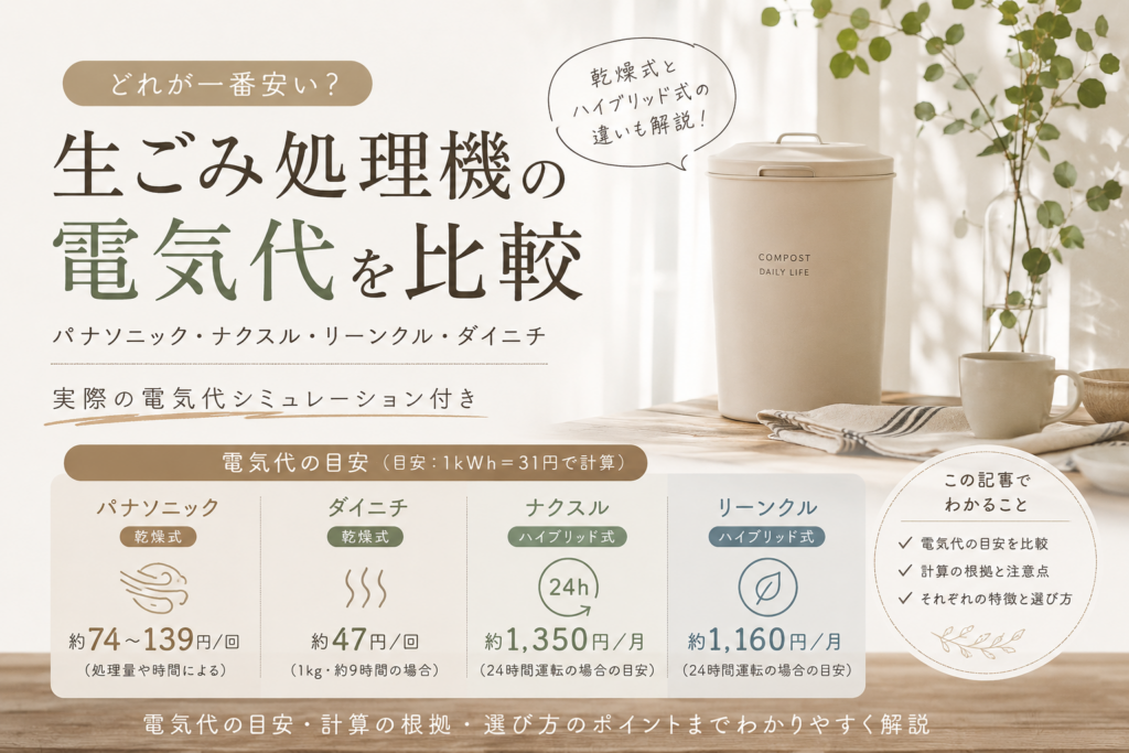 生ごみ処理機の電気代を比較したイメージ｜パナソニック・ナクスル・リーンクル・ダイニチの違い