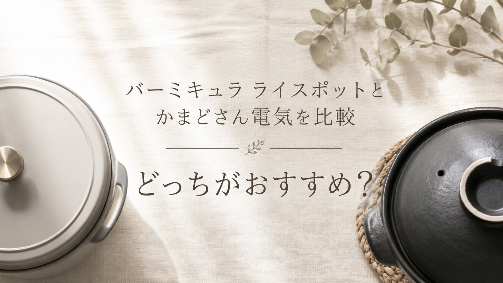 バーミキュラ ライスポットとかまどさん電気を比較した記事のアイキャッチ画像。高級炊飯器の違いや選び方を比較。