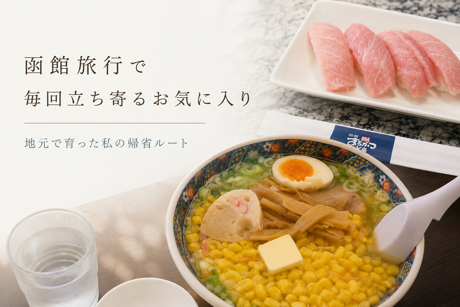 函館旅行で毎回立ち寄るお気に入りを紹介する記事のアイキャッチ。地元で育った筆者が帰省のたびに訪れる函館グルメや回転寿司をイメージした写真。